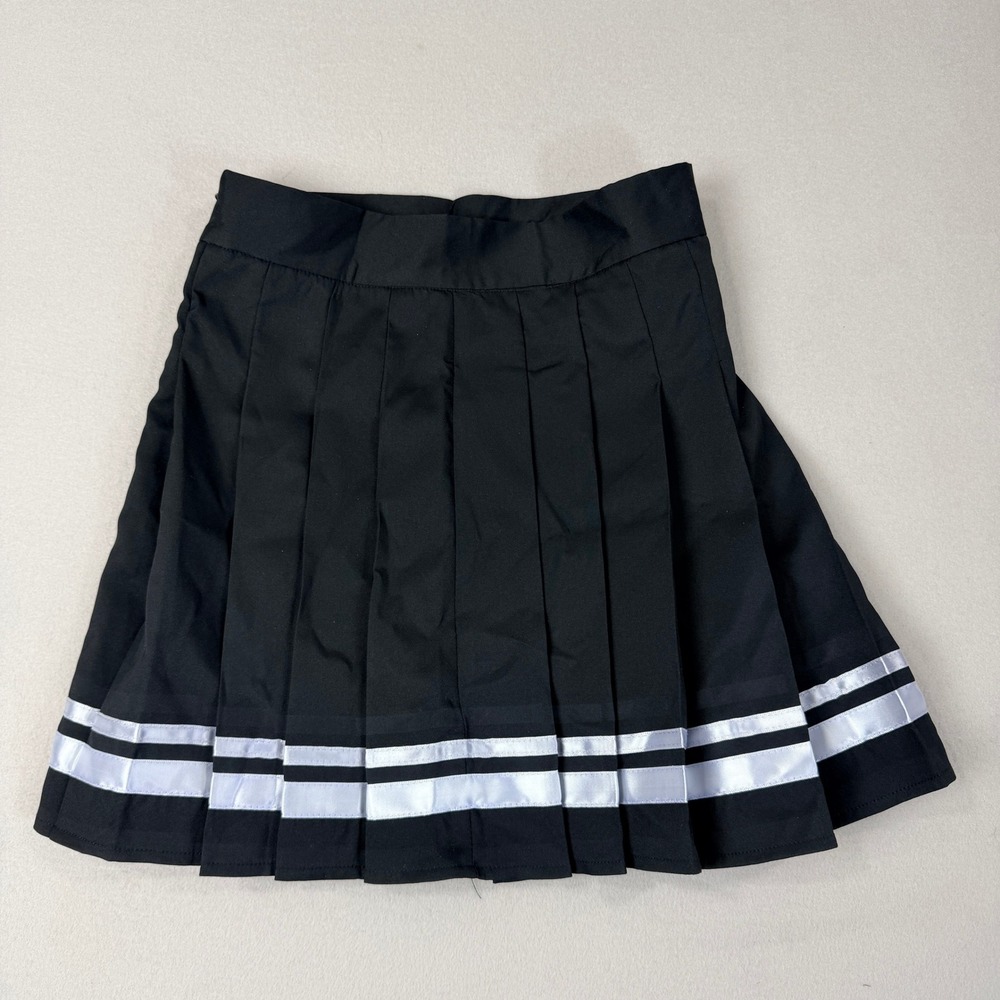 Romwe Womens Pleated Mini Skirt Black White Double Stripe Schoolgirl Preppy S